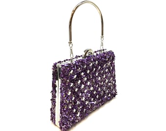 Silver Purple Clutch Purse, with Removable Chain, Silver Purple Shining Night Bag, Purple Shiny  Evening Bag, Purple Clutch Purse Evening