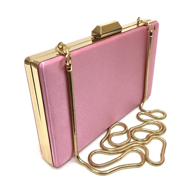 Pink Satin Clutch Purse, With Removable Gold-Plated Chain, Gold Pink Evening Bag, Pink Wedding Clutch, Light Color Purse, BRIDESMAID Bag