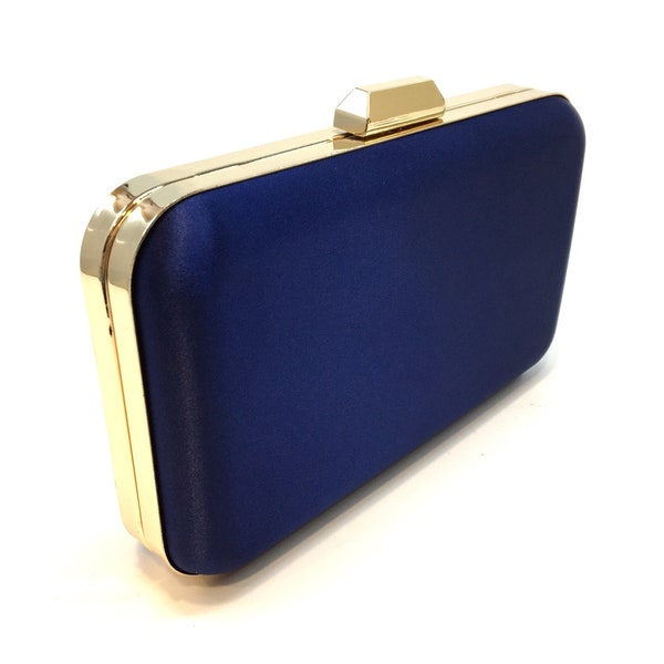 Luxury Satin Navy Blue Clutch Purse, Gold With Detachable Chain, Navy Blue Evening Bag, Navy Blue Evening Bag For Wedding, Bridesmaid Gift