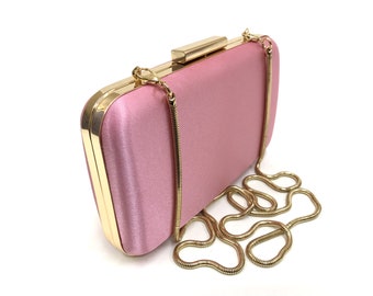 Pink Satin Clutch Bag, with Removable gold-Plated Chain, Gold Pink Evening Bag, Satin Pink Clutch Purse, Light Color Purse, BRIDESMAID Bag