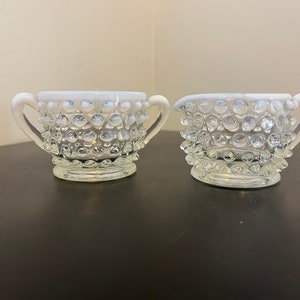 Vintage Small Opalescent Moonstone Hobnail Creamer and Sugar