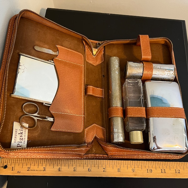 Vintage Mid Century Genuine Pigskin Leather Men's Dopp/Toiletry Kit Made in USA