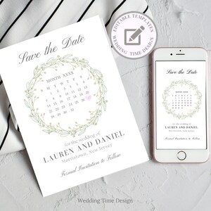 Save the date calendar card, electronic save the date included, Boho save the date, editable Canva template, save the date invitation