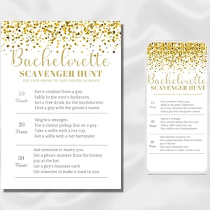 Gold Glitter Bachelorette Scavenger Hunt fun hens party games. Bachelorette party games, hen party activity, fun bridal shower printable