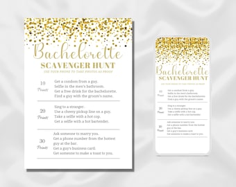 Gold Glitter Bachelorette Scavenger Hunt fun hens party games. Bachelorette party games, hen party activity, fun bridal shower printable