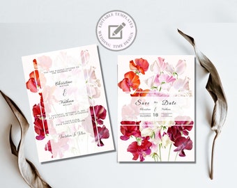 Save the Date Editable Invitations, Pink/Red Floral Watercolor Save the Date invitations, Downloadable invites, Electronic invitation