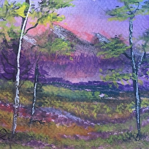 May include: Watercolor painting of a landscape with trees and mountains. The artwork features a vibrant color palette of purple, green, yellow, and pink. The trees have white trunks and green foliage, and the mountains are in the background.
