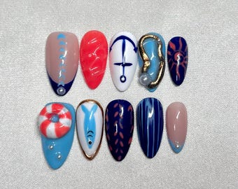 Ongles 3D en amande/ongles d'été de marin côtier, fait main, pression de poisson sur les ongles, art d'ongle en gel 3D, personnalisable, faux ongles, peint à la main