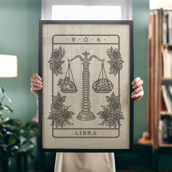 Libra tarot art print, The Scales in dark aesthetic tattoo style illustration, Libra zodiac symbols, tarot card border witchy zodiac print