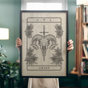 Aries tarot art print, The Ram in dark aesthetic tattoo style illustration, Aries zodiac symbols tarot card print, witchy gothic art print