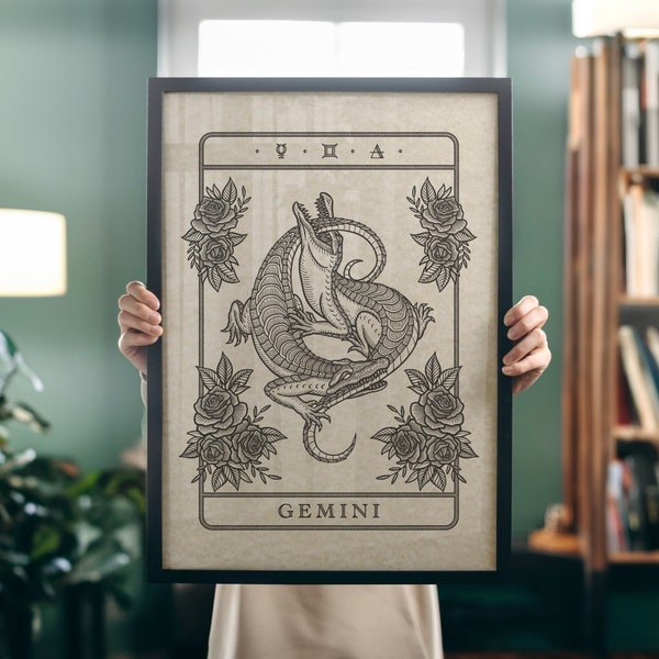 Gemini Tarot Kunstdruck, dunkelästhetische Tattoo-Stil Druck, dunkle Academia, Gothic Kunstdruck, witchy Wandkunst, Sternzeichen Zwillinge Druck