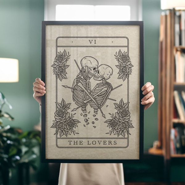 The Lovers tarot art print, dark academia decor, dark aesthetic, gothic wall art, witchy print, spooky art, tattoo poster, alternative decor