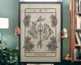 Impression d'art tarot Poissons, deux poissons nageurs dans une illustration sombre de style tatouage, carte de tarot symboles du zodiaque Poissons, impression sorcière gothique
