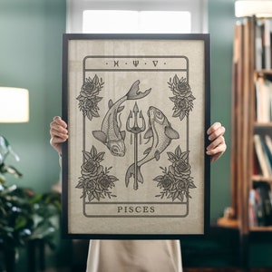 Pisces tarot art print, Two Swimming Fish in dark aesthetic tattoo style illustration, Pisces zodiac symbols tarot card, gothic witchy print