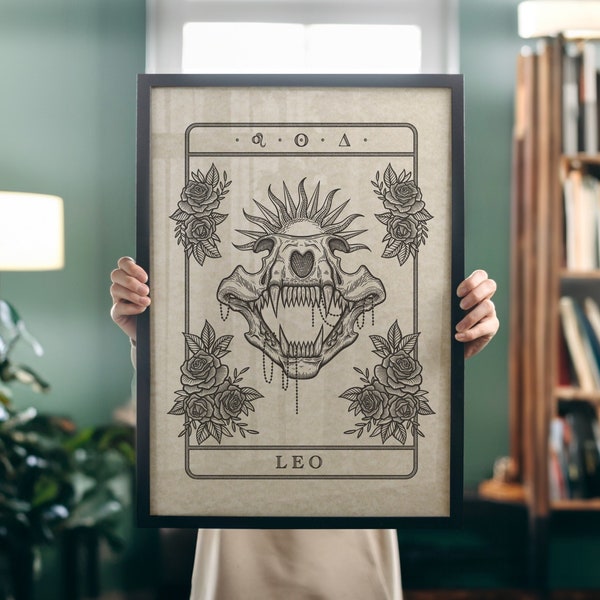 Leo tarot art print, The Lion in dark aesthetic tattoo style illustration, Leo skull, zodiac symbols & tarot card border, witchy gothic art