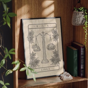Libra Tarot Druck, ungerahmter Kunstdruck im Gothic, Dark Academia Stil von Dead Lonely Co. Ein ideales Geschenk für Waage. Groß oder Klein
