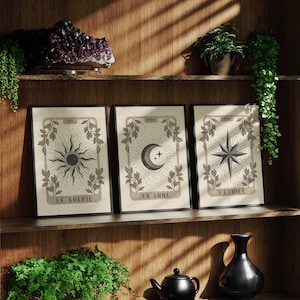Set van 3 niet-ingelijste tarotafdrukken, de zon, de maan en de ster, prenten uit de donkere academische wereld, heksenkunst aan de muur, gotische kunstafdruk, tarotkunst, groot of klein