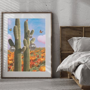 Disco Cactus Butterfly Art | Trendy Wall Art | Retro Desert Printable Art | Preppy Decor | Disco Ball Print | Funky Retro Art | Palm Springs