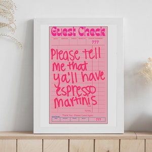 Espresso Martinis Guest Check Art| Retro Pink Guest Check Art | Digital Download | Guest Check Print | Guest Check Printful