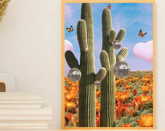 Disco Cactus Butterfly Art | Trendy Wall Art | Retro Desert Printable Art | Preppy Decor | Disco Ball Print | Funky Retro Art | Palm Springs