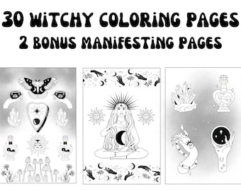 Witch Coloring Pages | 30 Witchy Coloring Pages + 2 Bonus Manifesting Pages | Witch Coloration Book | Digital Instant Download