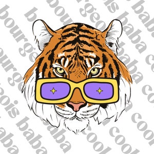 May include: A tiger wearing yellow sunglasses with purple lenses and a white star design. The tiger has orange and black stripes and a white muzzle.