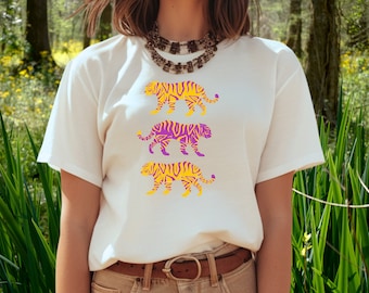Louisiana Saturday Night T-shirt for Women | Tiger Fan Football Shirt | Let's Geaux Girls | Purple & Gold State | Baton Rouge