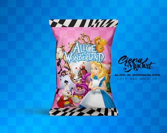 May include: A pink chip bag with a black and white checkered border. The bag features a colorful illustration of characters from Alice in Wonderland, including Alice, the Mad Hatter, the Cheshire Cat, and the Queen of Hearts. The text "Alice in Wonderland" is printed on the bag.