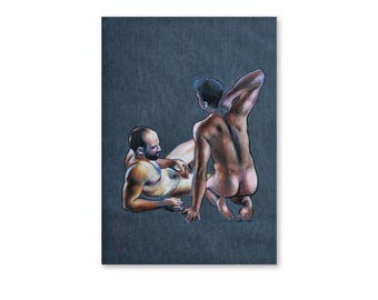Arte gay: disegno a pastello incorniciato di due uomini - "Comprensione tranquilla"