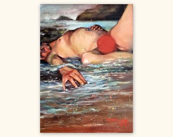 Man and Sea Original Painting, Gay Art of Male Figure, Italian Renaissance Style Artwork