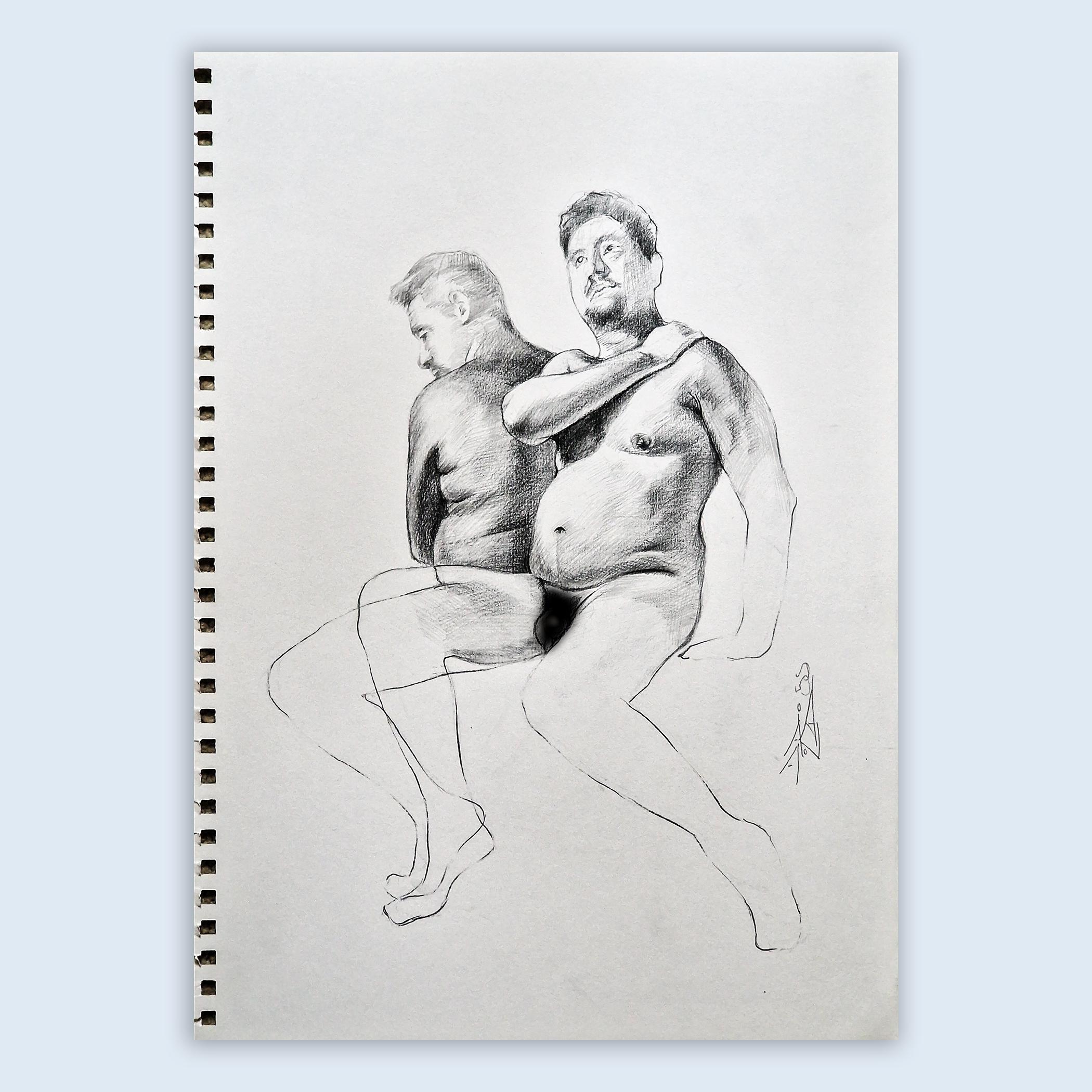 Man Posing in Studio, Male Figure in Gay Art, Original Graphite Drawing