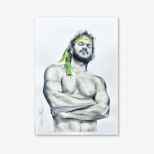 Framed Male Figure Drawing: Graphite & Pastel, Green Headband