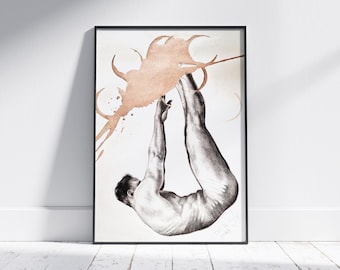 Gay Art mannelijke figuurtekening, origineel kunstwerk met ronde bodem, mannenlichaam op zwart-wit