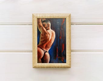 Gay Art Original Painting, Male Figure Dance on Blue, Small Size Home Decor