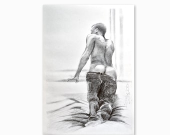 Disegno di figura maschile, arte gay originale, corpo maschile, arte queer, regalo