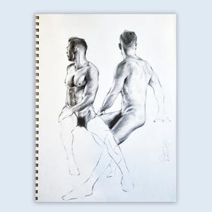 Männliches Modell in Zwei Posen, Männerfigur in Eleganter Gay Art, Originale Graphitzeichnung
