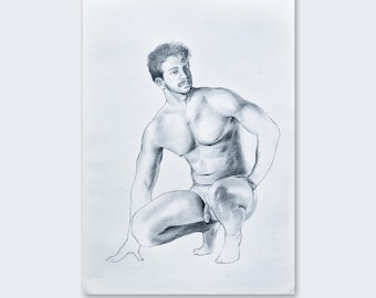 Disegno di figura maschile, arte originale di uomini gay, corpo maschile, decorazione murale minimalista