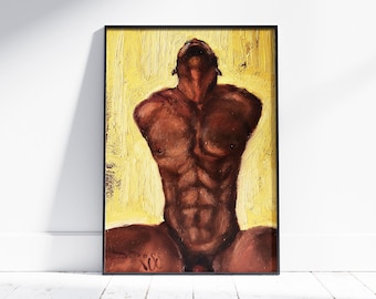 Male Figure and Yellow Wall, Man Abstract Body, Gay Men Original Art, Decor Artwork on Wooden Panel