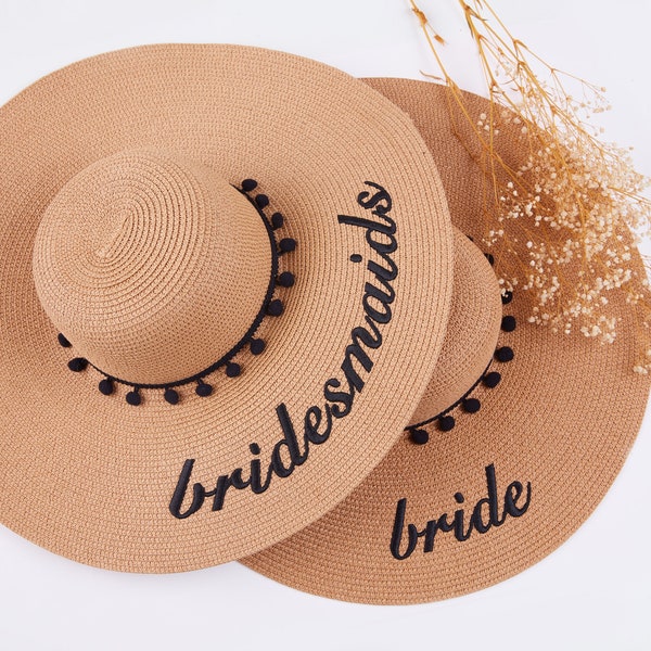 Custom Bride Straw Hat, Bridesmaid Pom Pom Beach Hat, Bachelorette Gift, Bride Gift, Bridal Shower Floppy Hat, Summer Wedding Favors for Her