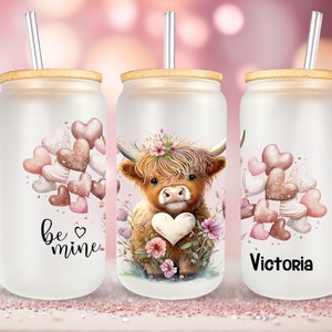 Highland Cow Glass Tumbler, Personalized Jar, Cute Cow Glass Can, Be Mine Glass Cup, Valentines Day Gift, Gift For Her, 16oz Glass Tumbler