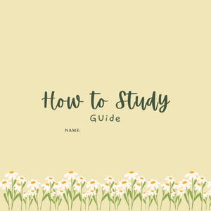 Könnte beinhalten: Ein hellgelber Hintergrund mit dem Text "How to Study Guide" in dunkelgrüner Kursivschrift. Der Text "NAME:" befindet sich unter dem Titel. Ein Rand aus weißen Gänseblümchen mit gelben Zentren und grünen Stielen befindet sich am unteren Rand des Bildes.
