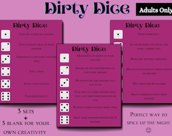 Puede incluir: Tres tarjetas rosas con el título "Dirty Dice" y un juego de dados con diferentes números de puntos en cada cara. Cada tarjeta tiene una lista de desafíos o dares para completar. El texto en la parte inferior de las tarjetas dice "3 Sets + 3 Blank for Your Own Creativity".