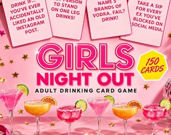 Puede incluir: Juego de cartas para beber para adultos Girls Night Out con 150 cartas. El fondo rosa muestra cuatro cartas de juego con textos y seis copas de cóctel con bebidas rosas y naranjas, decoradas con rodajas de lima y naranja.