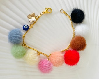 Gold Pompom Bracelet / Evil Eye & Butterfly Maximalist Jewelry / Vegan Fur Pompom Bracelet / Unique Jewelry Gifts