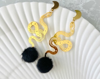 Gold Snake Earrings / Stainless Steel & Vegan Fur Pompom / Witchy Dangle Statement Jewelry / Lightweight Moon and Serpent Large Earrings