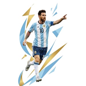 Puede incluir: Una ilustración digital de un futbolista con una camiseta a rayas azul claro y blanca con el número 10, pantalones cortos azul oscuro y calcetines blancos. El jugador señala hacia adelante, rodeado de formas geométricas doradas y azules.