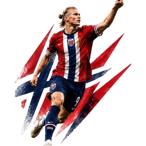 Puede incluir: Una ilustración digital de un futbolista con el pelo rubio recogido en una coleta, vistiendo una camiseta roja con una franja vertical blanca y azul, pantalones cortos azul oscuro con el número 9 y calcetines azules con el texto NORGE.