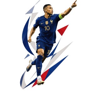 May include: A footballer in a dark blue kit featuring the number 10 in gold on the shirt and shorts, paired with blue socks. The player is pointing upwards with one arm outstretched, wearing a white wristband and a green captain's armband on the arm.