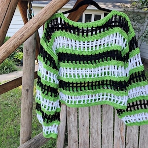 Crochet Beetlejuice themed Mesh pullover Crop Sweater with long sleeves