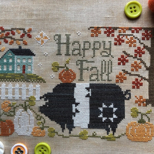 Happy Fall pig in a pumpkin patch primitive folk art cross stitch pattern by Acadia Stitchery